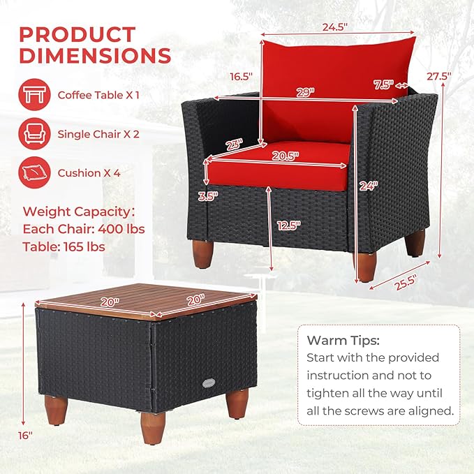 ORALNER 3 Pieces Patio Furniture Set, Outdoor Wicker Conversation Chairs with Cushion, Acacia Coffee Table, Rattan Bistro Set for Balcony Garden Backyard Front Porch Poolside (Red)