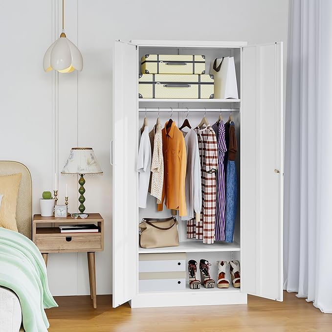 Metal Wardrobe Closet Cabinet,White Armoire Wardrobe Closets Storage Cabinets with Doors and Shelves for Laundry Room,Bedroom,Home Office,Bathroom(Long Handle)