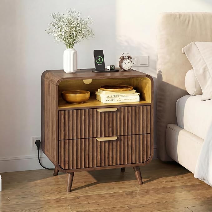 24" Curved Nightstand with Charging Station & LED Light,Modern Fluted End Table with 2 Drawers,Large Wooden Side Table with Open Shelf for Bedroom,Walnut,Set of 1 by Seang