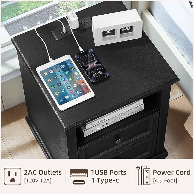 SAVOR LIFE Farmhouse Nightstand Set of 2 with Charging Station, Rustic Black Nightstand with Drawers, Bedside Table with Open Shelf for Bedroom, Black - Image 4