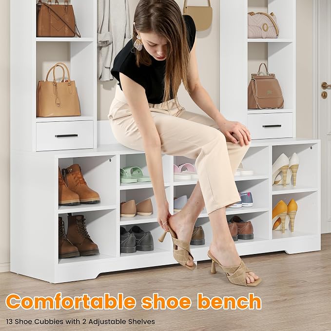 Semoic Farmhouse Hall Tree with 2 Independent Drawers,6-in-1 Entryway Bench with Coat Rack Adjustable Shoe Storage for Foyer/Hallway,White - Image 5