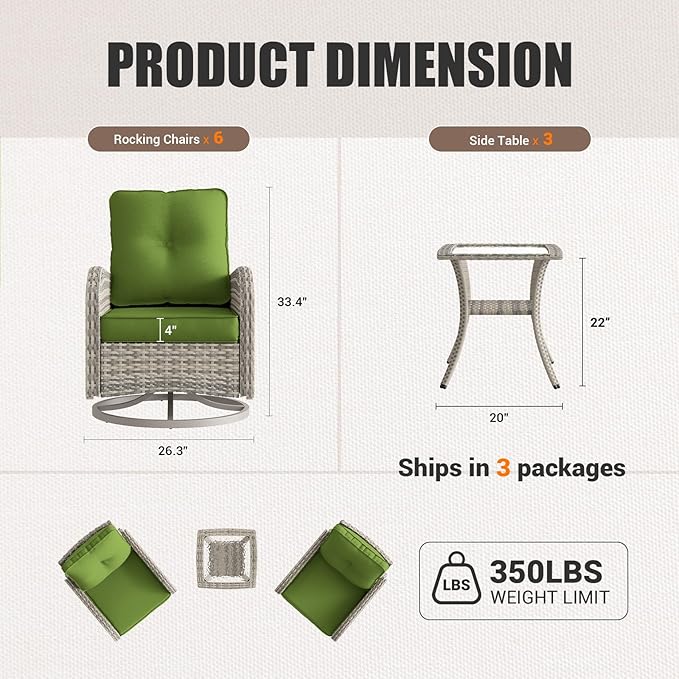 9-Piece Patio Rocking Swivel Chair Outdoor Wicker Rattan Bistro Set with Tempered Glass Side Table, Outdoor Patio Furniture Set for Garden, Deck, and Balcony, Avocado Green