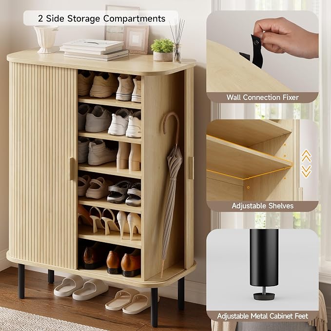 ONBRILL 6-Tier Shoe Cabinet with Sliding Door, Wooden Shoe Storage Cabinet with Adjustable Shelves, Mid-Century Modern Freestanding Shoe Storage Organizer for Entryway, Hallway, Living Room, Oak - Image 4