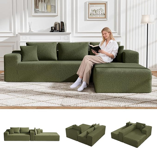 105" Cloud Sectional Couch with L-Shape Chaise,Modern Modular Sofa with Deep Seat, Fluffy Boneless Couches for Living Room Bedroom,No Assembly Required, Green (Plush Wool Fabric)