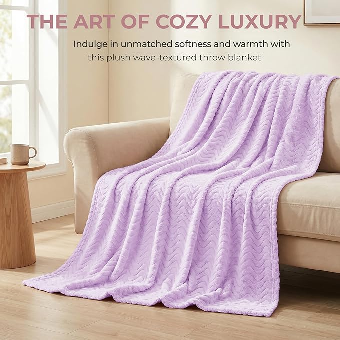 Exclusivo Mezcla Queen Blanket for Bed, Cozy Lightweight Fleece Blankets for All Season, Decorative Giftable Fuzzy Plush Wave Textured Suitable for Women, Men, Lilac Purple, 90x90 Inches