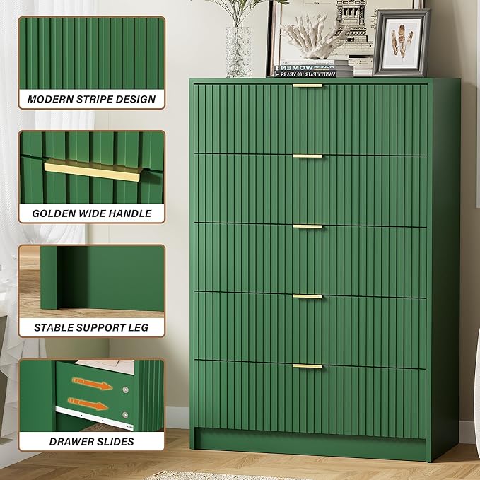 Furniway Green Dresser Bedroom Set 3 Pieces, Nightstands Sets of 2, 5 Drawer Dresser with Gold Handles for Bedroom