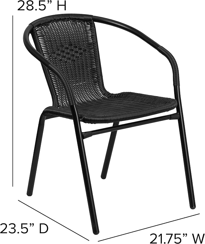 EMMA + OLIVER Set of 2 Modern Rattan Indoor/Outdoor Stack Chairs, Stacking Rattan Patio Chairs with Curved Back and Cross Bracing, Black - Image 2