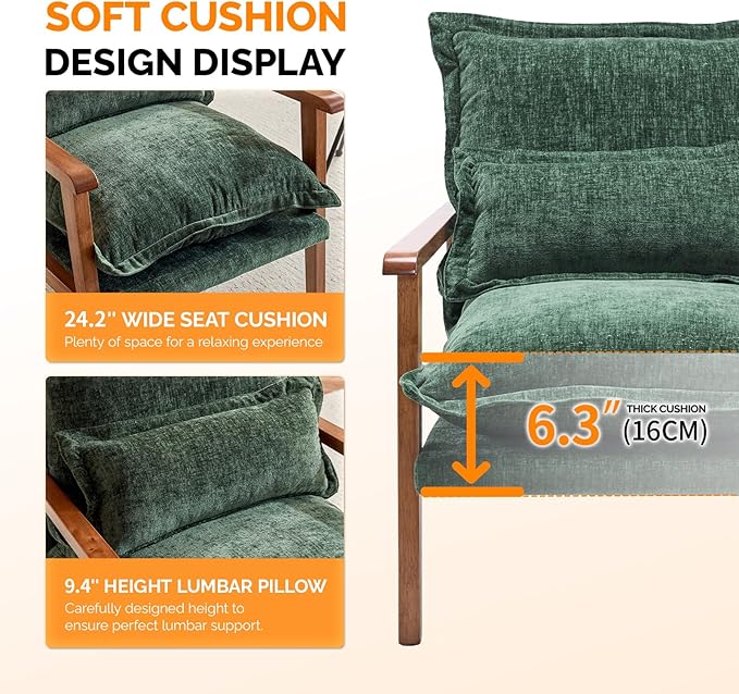 VINGLI Mid-Century Modern Cloud Accent Armchair with Lumbar Pillow, 6.3'' Thick Seat Cushion Comfy Reading Chair with Wooden Armrests，Boho Lounge Chair for Bedroom, Living Room, Chenille, Dark Green