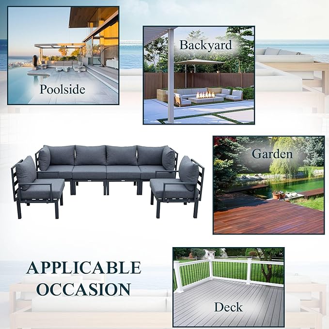 LeisureMod Outdoor Patio 7-Piece Conversation Set, Aluminum Sectional & Black Cushions with Coffee Table