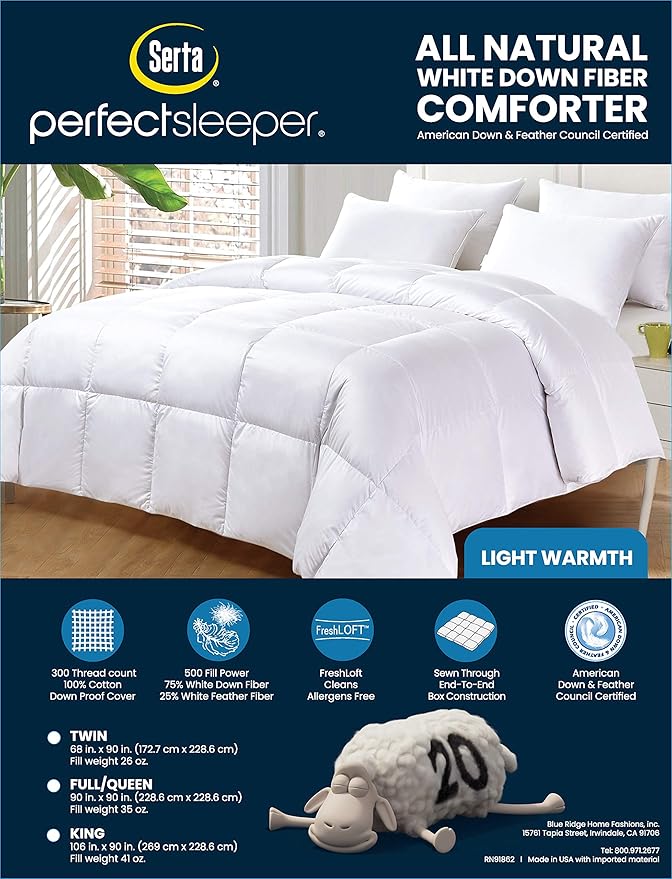 Serta Down Fiber Comforter King Size-Lightweight Duvet Insert, Luxury Fluffy Bed Comforter 100% Cotton 300 Thread Count Shell, Down Feather Fiber 500 Fill Power with Corner Taps, White 106x90inch