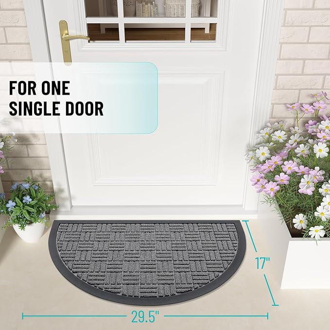 OLANLY Half Circle Door Mat Outside Entrance 29.5x17, Absorbent, Heavy Duty Sturdy Natural Rubber Doormat Indoor Outdoor, Fade Resistant, Non-Slip Backing Low Profile Floor Mat for Entryway, Grey - Image 2