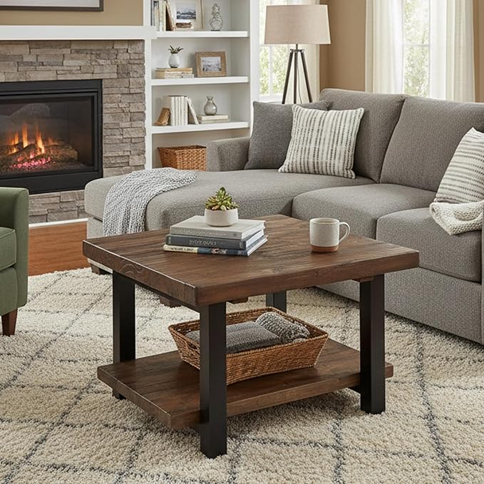 Alaterre Furniture Pomona Living Room Tables – 27 Inch Square Solid Wood Coffee Table with Metal Legs – Modern Farmhouse Rustic Small Space Table (Rustic Brown)