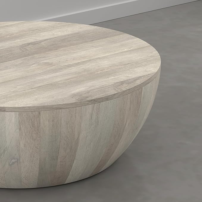 SIMPLIHOME Elmbrook Coffee Table - 34 inch Wide Solid Mango Wood Modern Industrial Round Drum Cocktail Table in Weathered White, Sculptural Living Room Table with Low Profile Design, Assembled