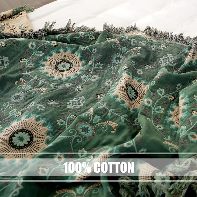 Boho Throw Blanket for Bed 100% Cotton Ultra Soft Rustic Quilt Spring Blanket Floral Printed Farmhouse Decor Bed Blankets,60"x80" All Season Rustic Throw for Sofa Couch Chair