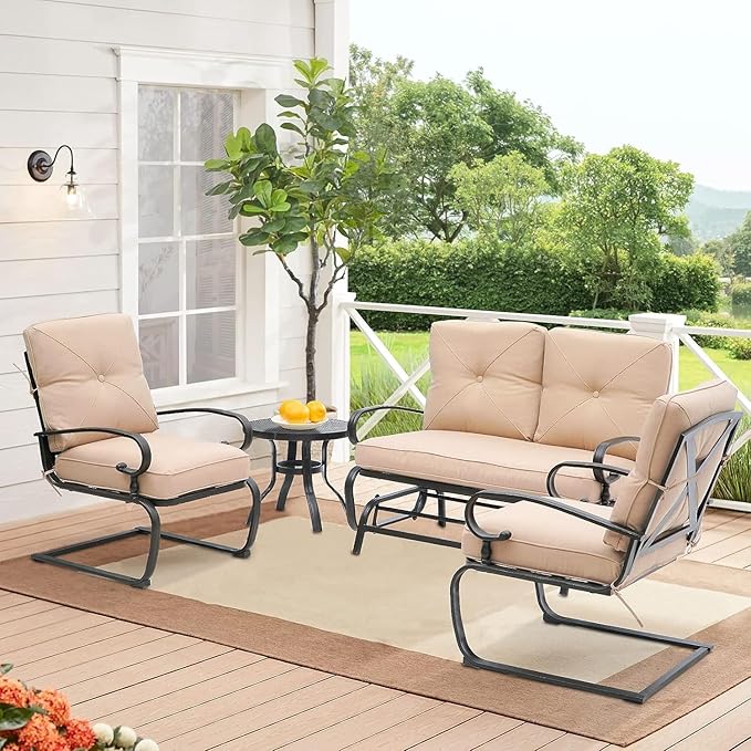Oakcloud 4-Piece Outdoor Metal Furniture Sets Patio Conversation Set Wrought Iron Glider, 2 Spring Lounge Chairs and Round Side Table, Brown