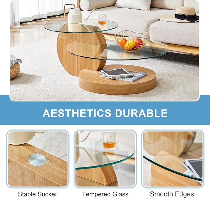 Modern Glass Coffee Table,Small Round Coffee Tables, 42" 3-Tier Circle Wood Coffee Table for Living Room Rustic Circle Center Cocktail Table with Tempered Glass, Unique Accent Table for Small Spaces