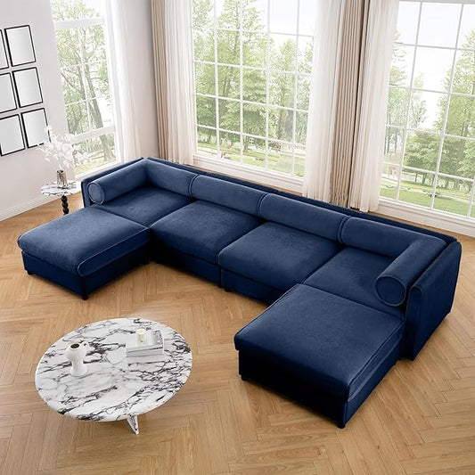KEIKI 143" U-Shaped Modular Chenille Sectional Sofa with Storage Seat, 2 Ottoman, Modern 4-Seater Couch with Cylindrical Backrest and Armrests, Easy Assembly, for Apartment, Living Room, Blue