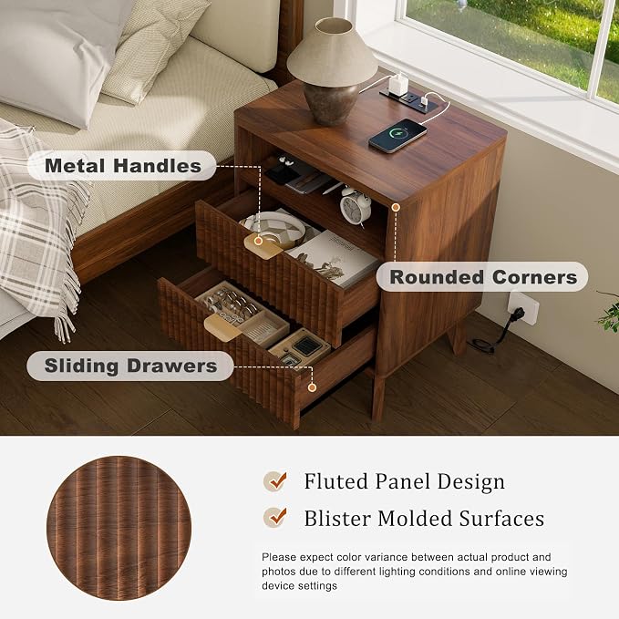 LYNCOHOME Fluted Nightstand with Charging Station, 19.7 inch Wide End Table with 2 Drawers, Modern Wood Bedside Table for Bedroom,Brown,1 Pcs - Image 5