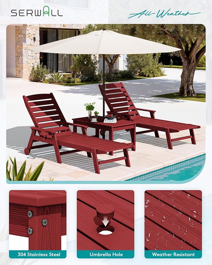 SERWALL Outdoor Coffee Table with 9FT Umbrella, HDPE Patio Coffee Table for Outside, Rectangle, Red(Not Include Umbrella Base) - Image 7