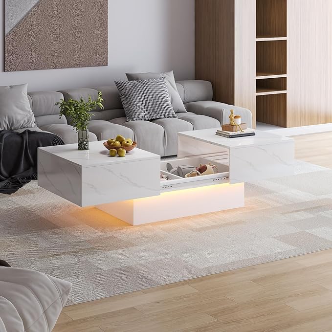 White Marble Modern Coffee Table with Hidden Storage for Living Room, Living Room Table Rectangular Center Tables Sliding Top with LED Lights, Wooden Cocktail Table for Reception Room