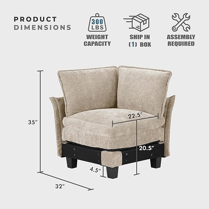 Lexicon Modular Sectional Sofa, Module for Sectional Couch, Corner Seat, Removable Cushion Cover, Soft Upholstery, Durable Frame, Customizable Comfort, Chenille Light Taupe