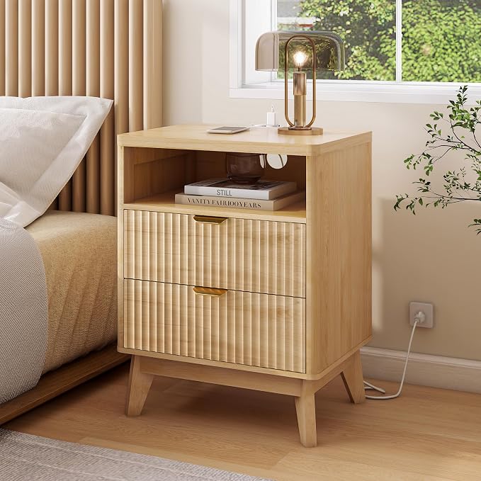 LYNCOHOME Fluted Nightstand with Charging Station, 19.7 inch Wide End Table with 2 Drawers, Modern Wood Bedside Table for Bedroom, Night Stand Set of 2,Natural - Image 7