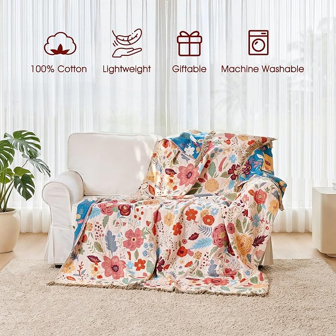 Boho Throw Blanket - 100% Cotton Soft Breathable Spring Throw Blankets, 60"x80" 4-Layer Lightweight Muslin Cotton Quilt, Floral Printed Bohemian Decor Throw Blankets for All Season