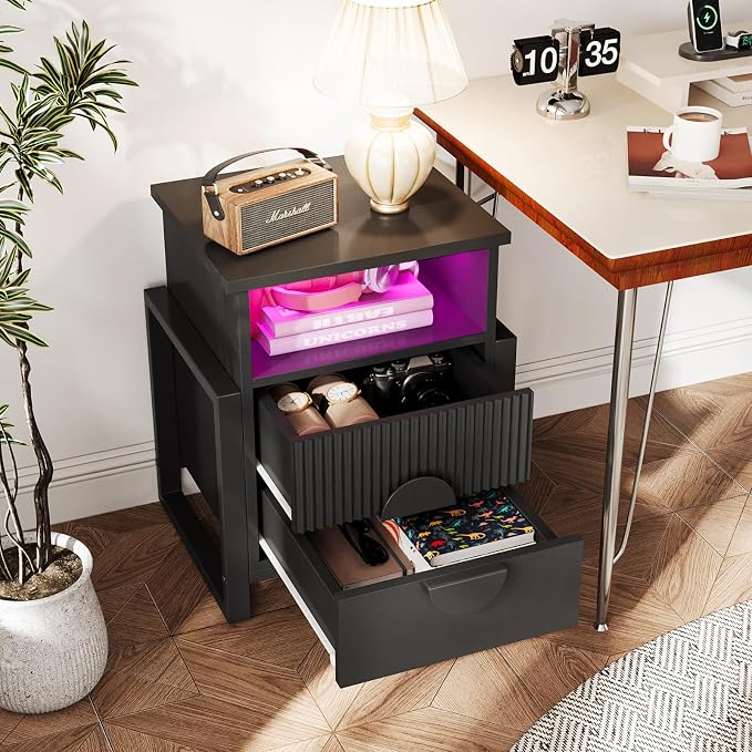 LGHM Fluted Nightstand with Charger Station Strip Lights, 20.47" W Night Stand with 2 Drawers, Large Accent Bed Side Table and End Table, Large Open Cubby Storage, Raising H Legs,Black - Image 8