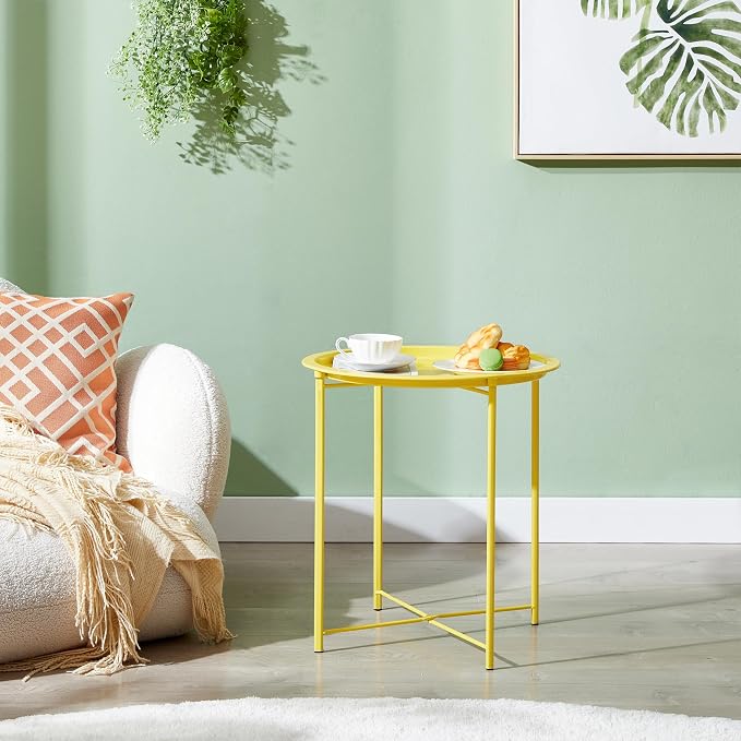 VECELO Side/End Table, Folding Round Metal Anti-Rust and Waterproof Outdoor or Indoor Tray for Living Room Bedroom Balcony and Office, 1 PCS,Yellow - Image 2