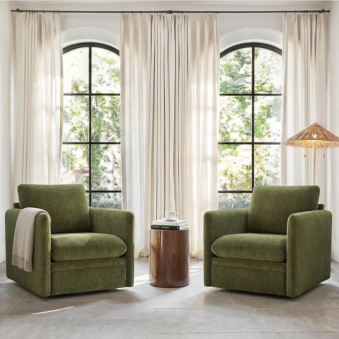 360° Swivel Accent Chair Set of 2,Upholstered Armchair with Deep Seat, Sturdy Metal Base for Living Room,Nursery,Bedroom,Moss Green
