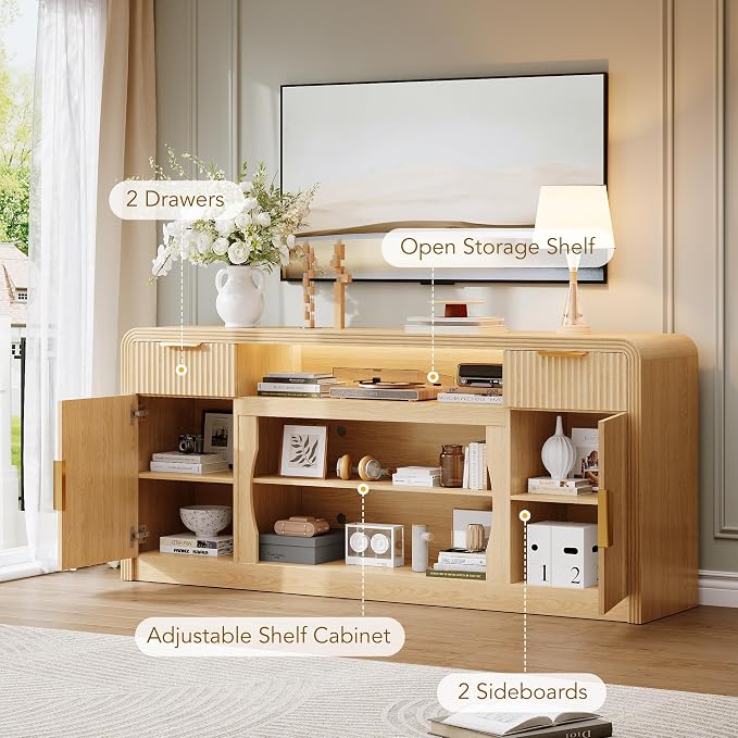 Decofy 70" Fluted TV Stand, Entertainment Center for 80" TVs, Mid Century Modern TV Console Cabinet with Wavy Grain Doors & Adjustable Shelves, Modern Media TV Console Table for Living Room (Oak) - Image 2