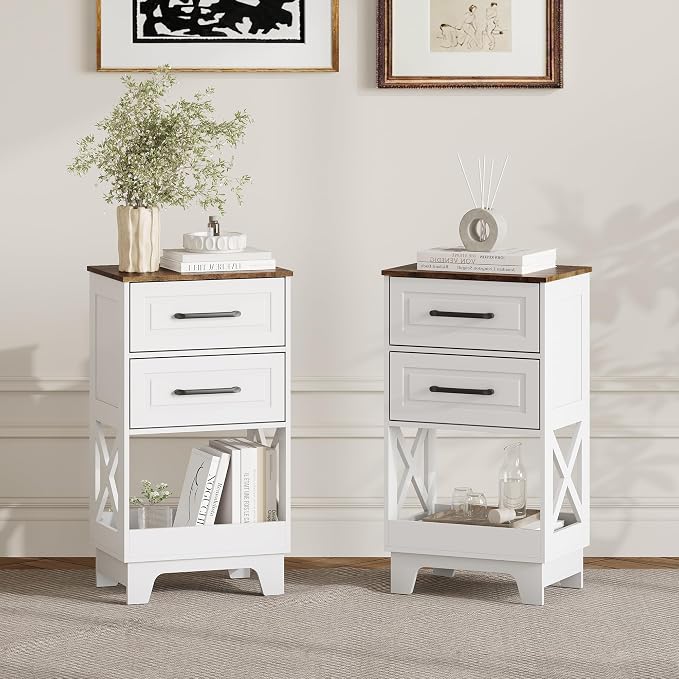 Tall Nightstand Set of 2 Side Table Modern Night Stand with 2 Drawers Wooden Rustic End Table Bedside Table with Upper Open Shelf Solid Feet for Bedroom White+Walnut - Image 2