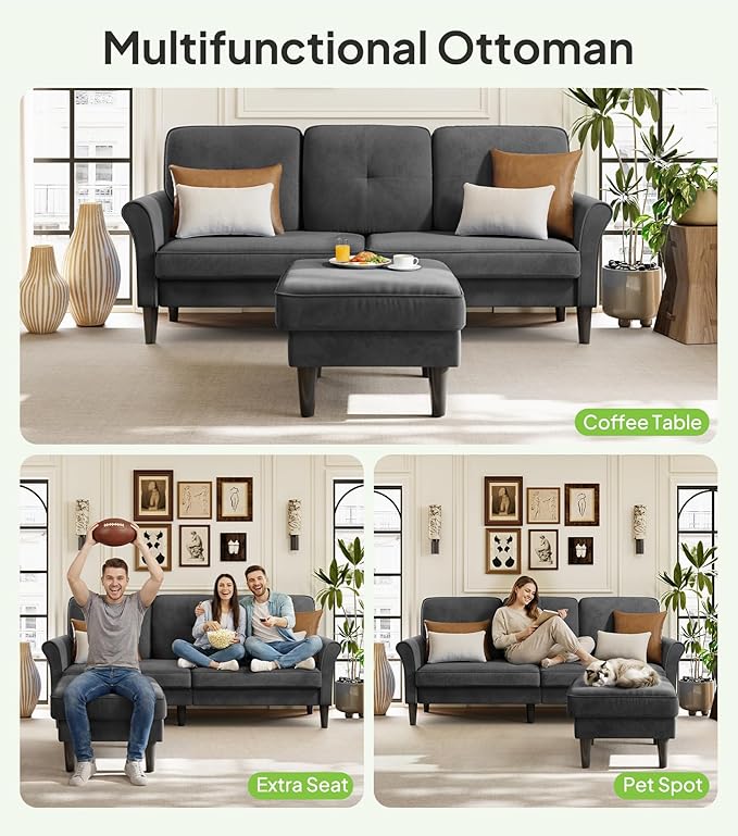 Sofas for Living Room, 83" Velvet Sectional Couch with Moveable Ottoman, Midcentury Modern Small Sectional Couch, L Shape Sofa & 2 Seater, Couches for Living Room, Apartment, Bedroom