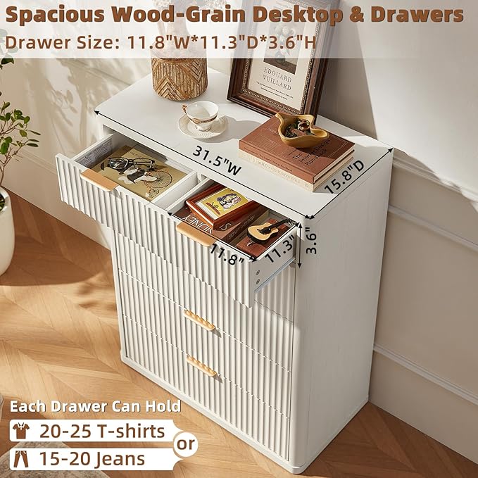 LEYAOYAO Fluted Dressers & Nightstand Set of 4, Wood 48" Wide Dresser & 42" Tall Chest of Drawers,Modern Bedroom Furniture Sets,White Wooden Nightstand Set of 2 with 2 Drawers & Charging Station