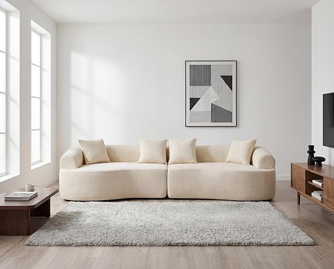Curved Boneless Sofa Couches 4-Seat Tight Backrest Couch for Living Room Bedroom, Boneless Cloud Sofa with 4 Pillows, Floor Sofa in A Box No Assembly Required