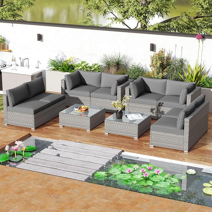 Tangkula 10-Piece Outdoor Patio Sectional Sofa Couch, PE Rattan Conversation Set w/Glass Coffee Table & Cushions, Outdoor Furniture Set w/Sturdy Metal Frame for Garden Poolside Backyard