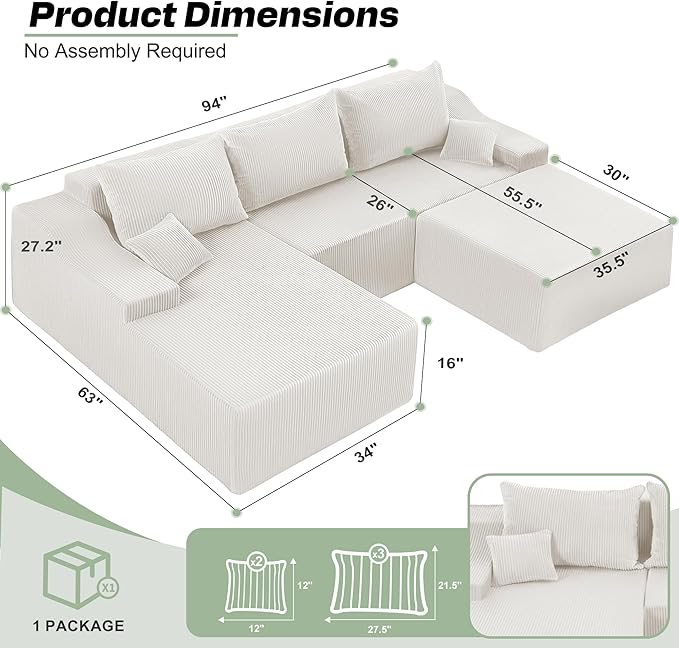 HABUTWAY 94“ U Shaped Modular Sectional Couch for Living Room, Modular Cloud Sofa with Ottoman, No Assembly Boneless Couches with Deep Seat, Corduroy Fabric (Beige, Left Facing) | Cloud Sofa, With Ottoman, No Assembly, Boneless, Deep Seat, Corduroy Fabric