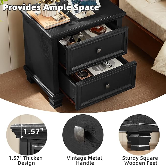 SAVOR LIFE Farmhouse Nightstand with Charging Station, Rustic Low Night Stand with 2 Drawers, Mid-Century Modern End Table with 4 Square Solid Wood Legs, Small Dresser for Bedroom, Home, Black - Image 6