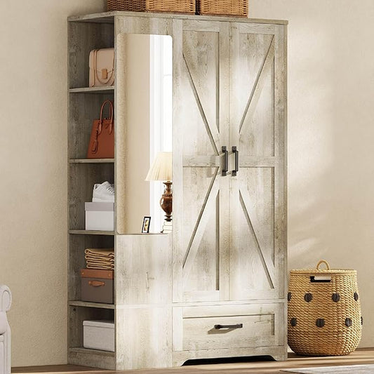 LIKIMIO Armoire Wardrobe Closet 70 Inches, Large Storage with Mirror, 2 Doors, Drawer, and Shelves, Modern Bedroom Freestanding Wooden Wardrobe Combination with Hanging Rail, Rustic Maple