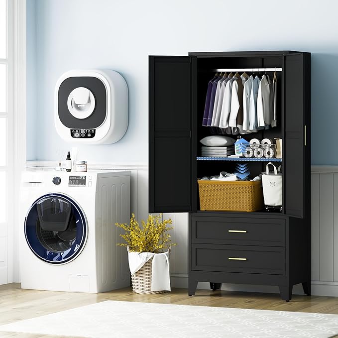 Metal Armoire Wardrobe Closet with 2 Drawers, 71" Wardrobe Cabinet with 1 Adjustable Shelf & 1 Hanging Rod for Bedroom, Black Metal Closet Storage Cabinet with 2 Doors & 2 Drawers