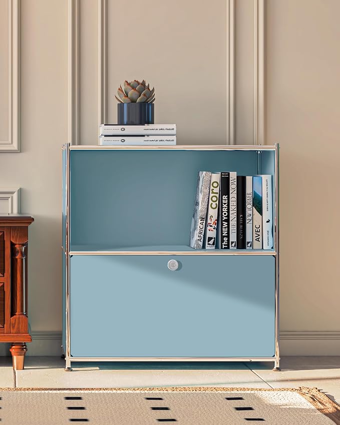32.5-Inch Flip-Top Side Table & Buffet Cabinet with Detachable Wheels, Ample Storage, DIY Corner Bookshelf, Wall Shelf, Cube Organizer, Bedside Table – Modern Home Decor, Blue - Image 8