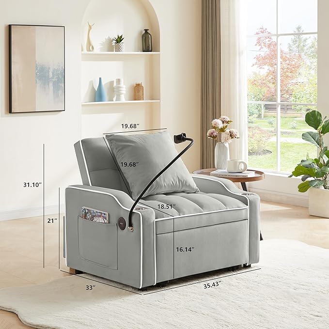 3 in 1 Convertible Sleeper Sofa Bed with Phone Holder, 35'' Pull Out Sofa Bed Recliner with Adjustable Backrest, Velvet Fabric Sleeper Couch Single Modern Chair for Small Space & RV, Gray