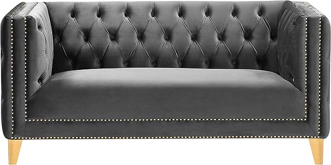 Meridian Furniture 652Grey-L Michelle Collection Modern | Contemporary Loveseat with Deep Button Tufting, Gold Nailhead Trim and Sturdy Gold Iron Legs, Grey Velvet, 66" W x 34" D x 30" H