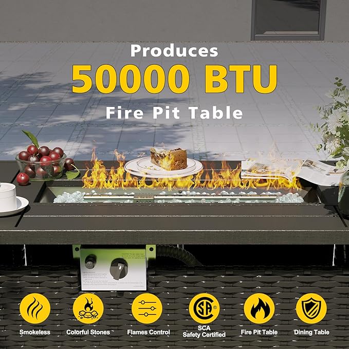 Aoxun Patio Furniture Set with Fire Pit Table, 8 Piece Outdoor Sectional Sofas, Wicker Rattan Outdoor Furniture with Thickened Cushion for Backyard, Garden Navy Blue