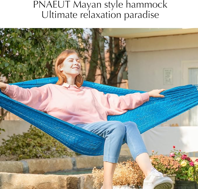 PNAEUT Handwoven Mayan Hammock, Thick Soft Rope Double Hammock for Outdoor Outside & Indoor, 600 lbs Capacity Heavy-Duty, Includes Tree Straps, Carabiners & Carrying Bag (Glacial Lake Blue, X-Large) - Image 3