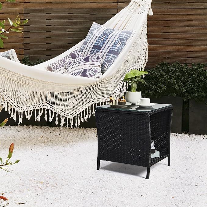 VINGLI Outdoor Wicker Side Table Patio Side Tables for Outside, Tempered Glass Top Wicker Table with Storage End Table for Balcony Porch Deck (Black) - Image 6