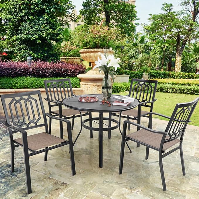 PHI VILLA 38 Inch Outdoor Round Dining Table, Metal Wrought Iron Slat Patio Table with 1.87" Umbrella Hole for Garden, Backyard and Porch (Black) - Image 2