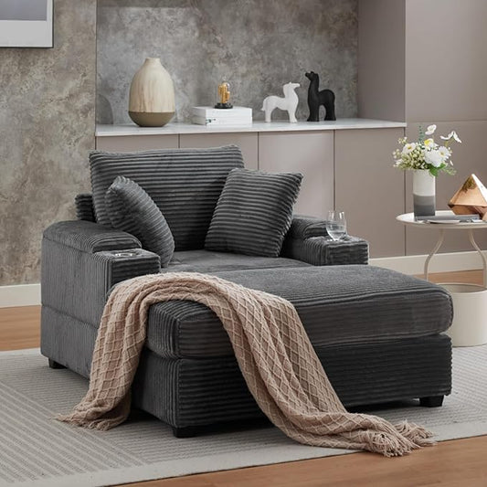 KEIKI Oversized Accent Chair with Ottoman, Chaise Lounge Chair Indoor with Handrail Storage, Cupholders, Oversized Sofa Bed, Deep Seat Sleeper Couch Reading Chairs for Living Room, Gray
