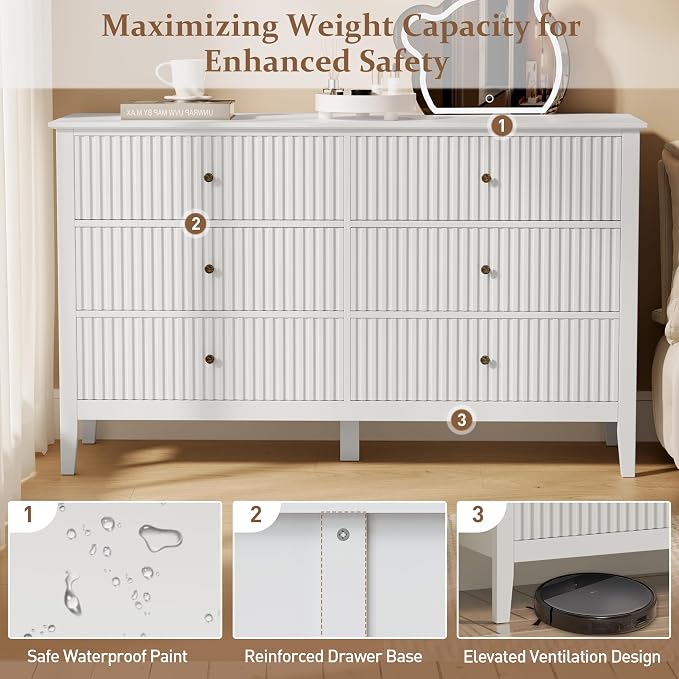 RoyalCraft White 6 Drawer Dresser for Bedroom, Fluted Painted Wood Chest of Drawers, Modern TV Stand Storage Cabinet for Living Room, Entryway, 47" W x 16" D x 32" H - Image 8