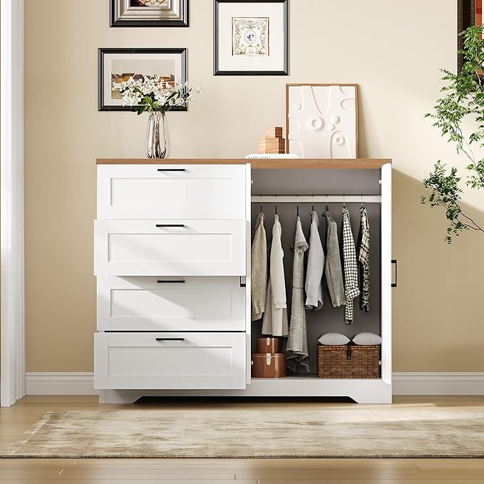 IDEALHOUSE 43.3'' H Armoire Wardrobe Closet with 4 Drawers and 2 Doors, Hanging Rod, Multifunctional Wooden Dresser with Storage Closet, Bathroom Cabinet for Bedroom, White